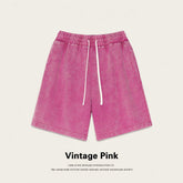 Men Women Vintage Pink Water-washed 100% Cotton Loose Casual Sports Summer Drawstring Shorts