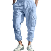 Men's Linen Blend Cargo Jogger Pants, Elastic Waist Drawstring Casual Trousers