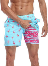 Men's Flamingo Print Swim Trunks, Quick-Dry Board Shorts with Liner