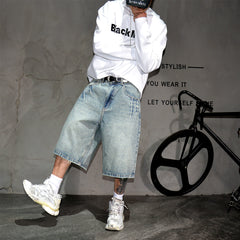 Japanese retro washed vintage light blue denim shorts, men's trendy brand casual loose wide leg straight leg six inch pants, summer
