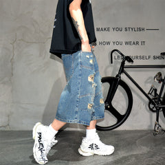 Vibe Street Wind Piercing Beggar Cowboy Shorts Male Rascal Handsome Vintage Trendy Middle Pants High Street Blue Quarter Pants Summer