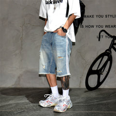 American high street three bar denim shorts, men's retro washed ripped hole pants, trendy brand loose oversized five quarter pants
