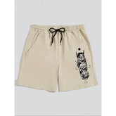 Men's Japanese Hannya Demon Print Casual Shorts, Elastic Waist Drawstring Sweat Shorts