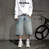 Japanese retro washed vintage light blue denim shorts, men's trendy brand casual loose wide leg straight leg six inch pants, summer