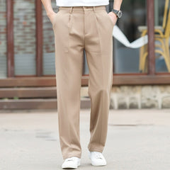 Men's Straight Leg Pleated Dress Pants, Casual Business Solid Black Chino Suit Trousers