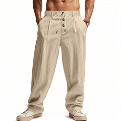 Men's Linen Casual Wide Leg Pants, Button Fly Drawstring Waist Soft Breathable Loose Straight Long Trousers