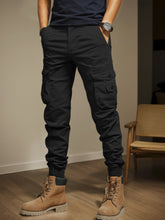 Men's Black Slim Fit Cargo Pants, Multi Pocket Elastic Waist Trousers for Outdoor Work