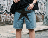 Unisex Star Patchwork Cotton-Blend Denim Shorts