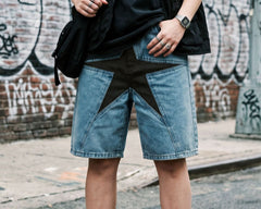 Unisex Star Patchwork Cotton-Blend Denim Shorts