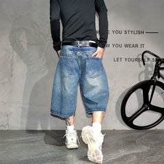 Blue retro washed distressed loose and versatile denim shorts, men's trendy brand wide leg straight leg simple casual six quarter pants