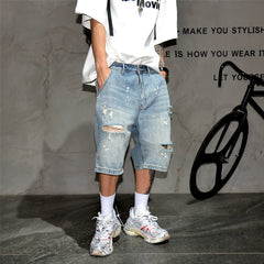 American fashion brand ripped denim shorts for men, retro vintage, distressed, splashed paint, scratched beggar, five quarter pants, loose oversized shorts, mid length pants