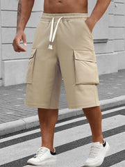 Men's Casual Cargo Long Shorts, Elastic Waist Drawstring Knee-Length Shorts