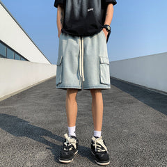 Premium Soft Denim Men Cargo Shorts, Vintage Light Blue Wash Streetwear Jean Shorts With Pockets