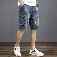 Men's Distressed Denim Cargo Shorts, Vintage Washed Casual Jean Shorts With Multi-Pockets
