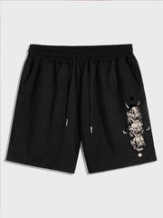 Men's Japanese Hannya Demon Print Casual Shorts, Elastic Waist Drawstring Sweat Shorts