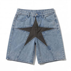 Unisex Star Patchwork Cotton-Blend Denim Shorts