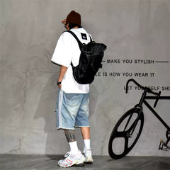 American high street three bar denim shorts, men's retro washed ripped hole pants, trendy brand loose oversized five quarter pants