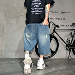 Vibe Street Wind Piercing Beggar Cowboy Shorts Male Rascal Handsome Vintage Trendy Middle Pants High Street Blue Quarter Pants Summer