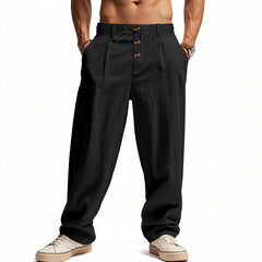 Men's Linen Casual Wide Leg Pants, Button Fly Drawstring Waist Soft Breathable Loose Straight Long Trousers