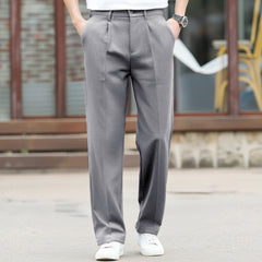 Men's Straight Leg Pleated Dress Pants, Casual Business Solid Black Chino Suit Trousers