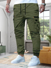 Men's Tactical Cargo Jogger Pants, Multi-Pocket Drawstring Elastic Waist Casual Work Pants with Zipper Pockets