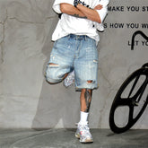 American fashion brand ripped denim shorts for men, retro vintage, distressed, splashed paint, scratched beggar, five quarter pants, loose oversized shorts, mid length pants