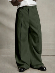 Men's Army Green Front Pleat Wide Leg Dress Pants, Casual Loose Drape Straight Suit Trousers