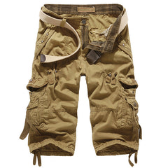 Belt not includedMen's Multi-Pocket Cargo 3/4 Length Shorts, Casual Cotton Capri Pants with Drawstring for Summer