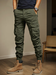 Men's Black Slim Fit Cargo Pants, Multi Pocket Elastic Waist Trousers for Outdoor Work
