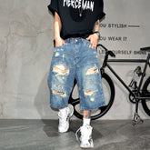 Vibe Street Wind Piercing Beggar Cowboy Shorts Male Rascal Handsome Vintage Trendy Middle Pants High Street Blue Quarter Pants Summer