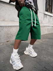 Men's Casual Loose Fit Knee-Length Shorts, Black Drawstring Elastic Waist Shorts