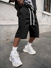 Men's Casual Loose Fit Knee-Length Shorts, Black Drawstring Elastic Waist Shorts