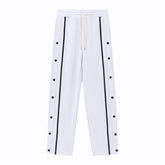 Men Solid Color Loose Sports Pants, Elastic Drawstring Waist Side Button Striped Casual Daily Bottom Wear