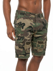 Men's Camo Cargo Shorts Ripped Distressed with Rivets - Streetwear Tactical Bermuda Shorts