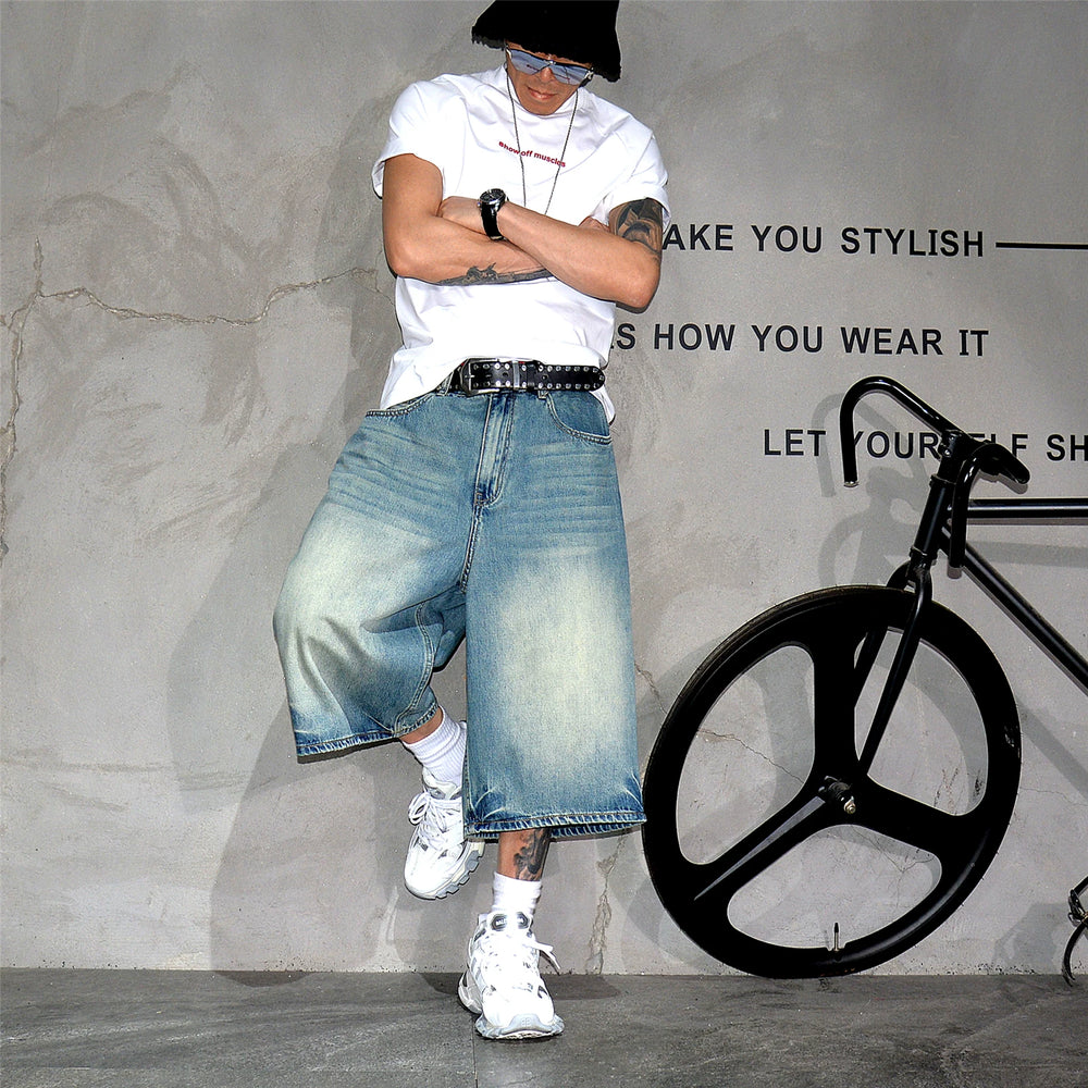 American retro washed vintage loose denim shorts, men's trendy brand wide leg cropped shorts, casual versatile straight leg mid length pants