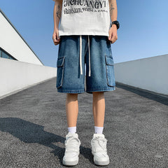 Premium Soft Denim Men Cargo Shorts, Vintage Light Blue Wash Streetwear Jean Shorts With Pockets