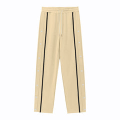 Men Solid Color Loose Sports Pants, Elastic Drawstring Waist Side Button Striped Casual Daily Bottom Wear