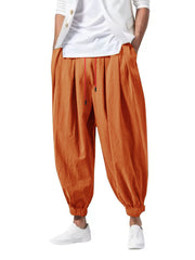 Men's Linen Harem Pants, Baggy Drawstring Waist Casual Trousers, Summer Breathable Cotton Linen Joggers with Elastic Cuffs