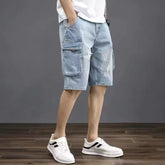 Men's Distressed Denim Cargo Shorts, Vintage Washed Casual Jean Shorts With Multi-Pockets