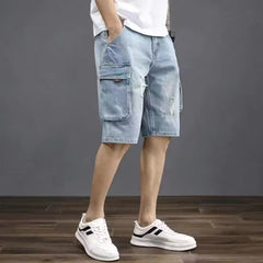 Men's Distressed Denim Cargo Shorts, Vintage Washed Casual Jean Shorts With Multi-Pockets