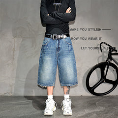 Blue retro washed distressed loose and versatile denim shorts, men's trendy brand wide leg straight leg simple casual six quarter pants