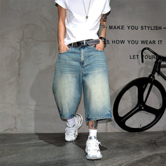American retro washed vintage loose denim shorts, men's trendy brand wide leg cropped shorts, casual versatile straight leg mid length pants