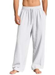 Men's Linen Cotton Baggy Pants, Elastic Waist Drawstring Wide Leg Casual Trousers for Summer Beach