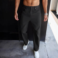 Classic Solid Color Men Straight Long Pants, Half Elastic Button Waist Relaxed Casual Full Length Bottom Wear