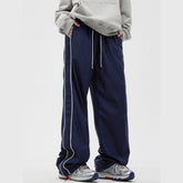 Men's Navy Blue Side Stripe Wide Leg Pants, Drawstring Casual Track Pants