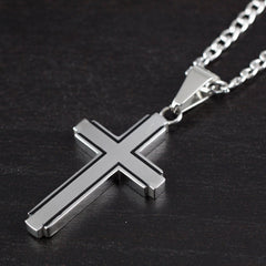 Men's Polished Black Inlay Cross Stainless Steel Necklace