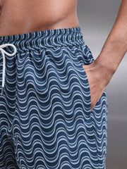 Wave Printed Drawstring Swim Short in Navy
