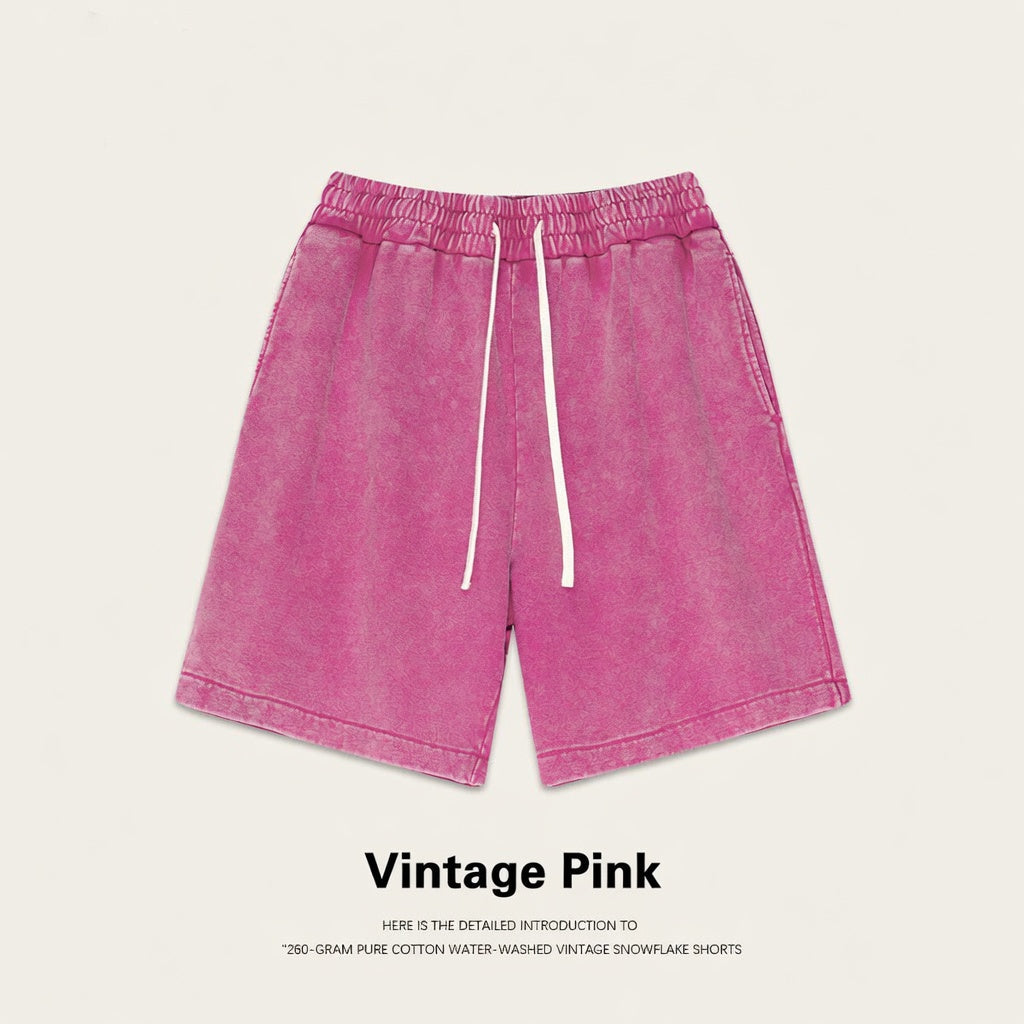 Men Women Vintage Pink Water-washed 100% Cotton Loose Casual Sports Summer Drawstring Shorts