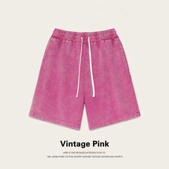 Men Women Vintage Pink Water-washed 100% Cotton Loose Casual Sports Summer Drawstring Shorts