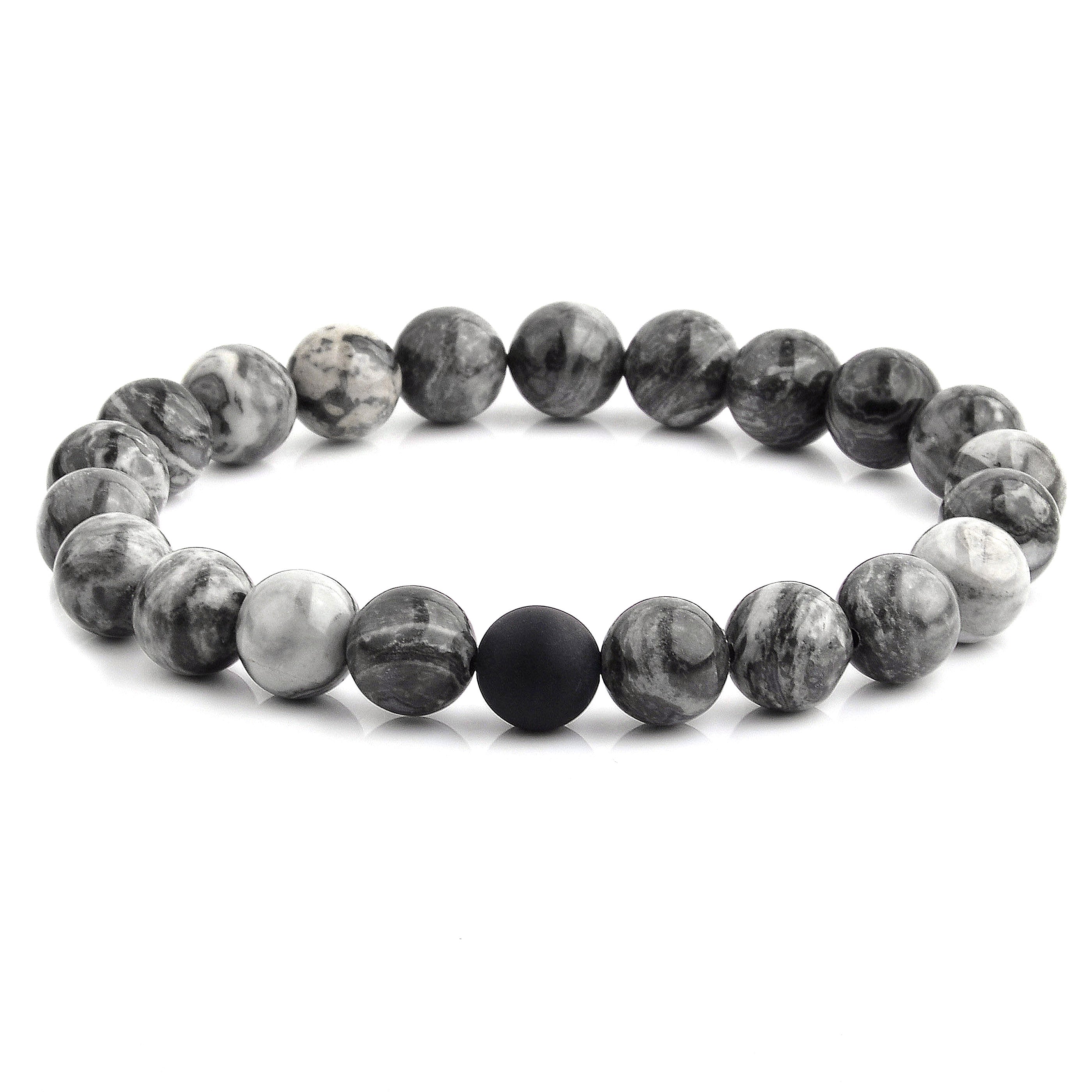 Men's  Polished 10mm Natural Stone Bead Stretch Bracelet
